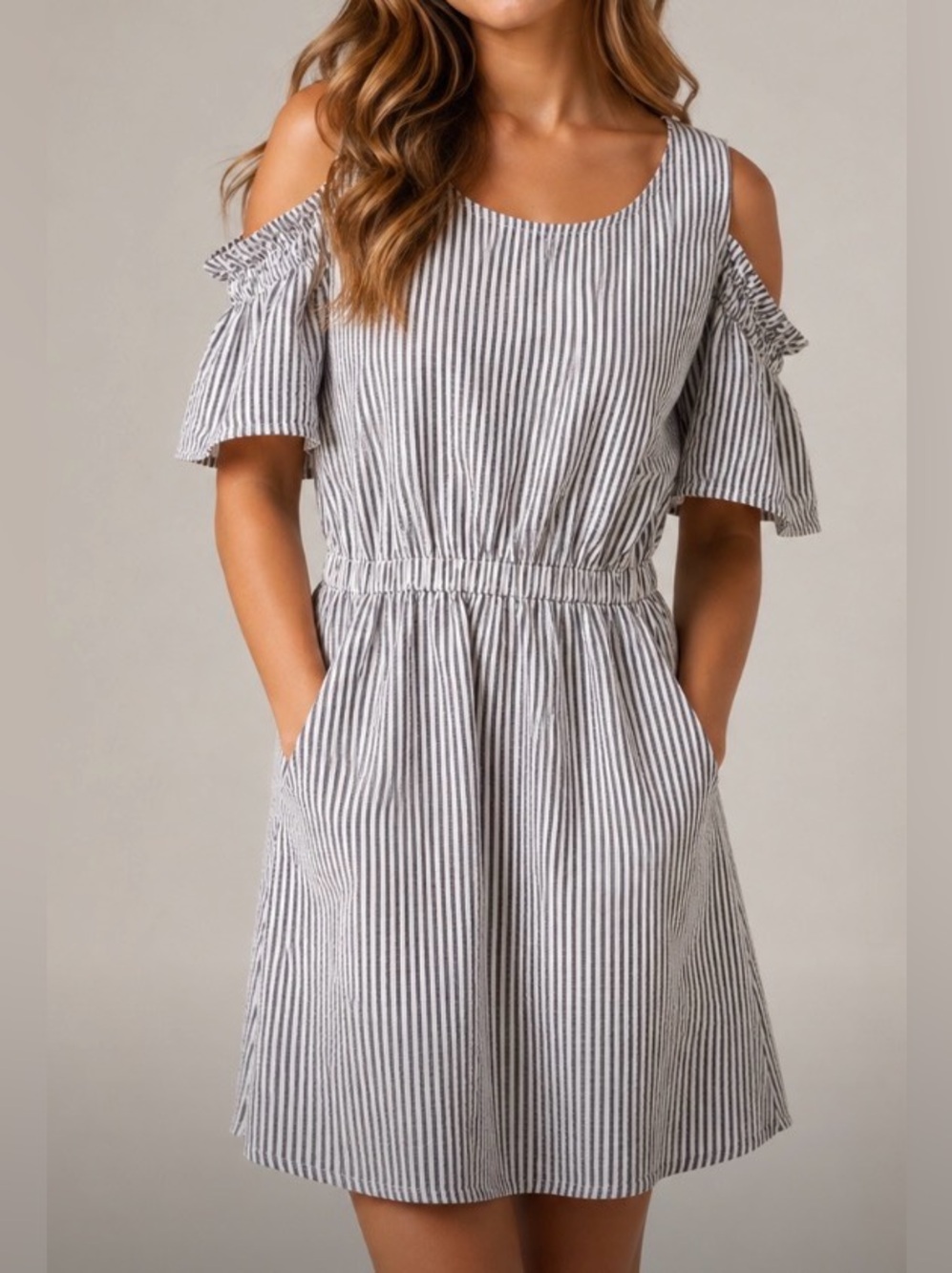 A New Day Grey Striped Cold Shoulder Dress Size Medium